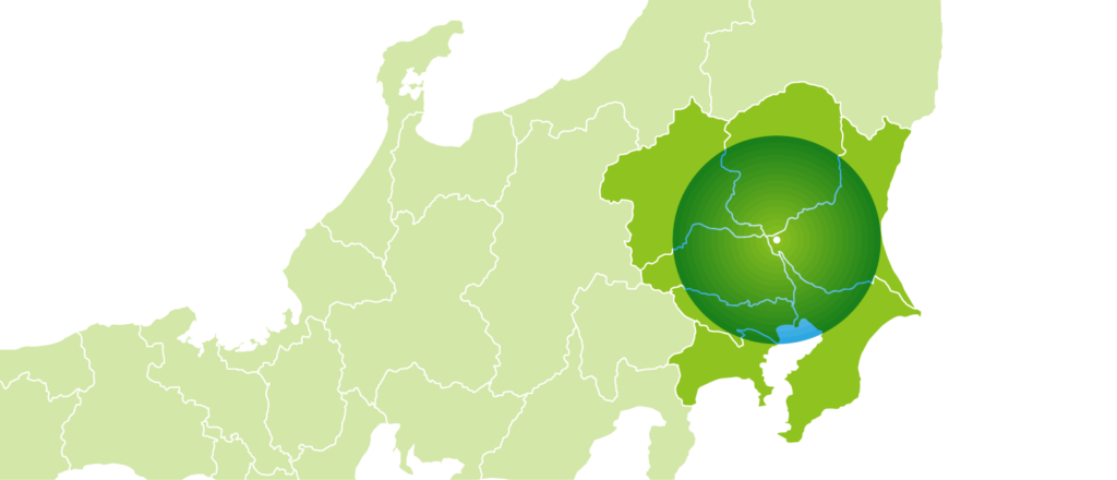 関東地方内影山倉庫の場所(古河)と商圏(グリーンバージョン)